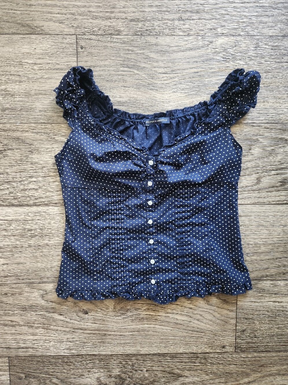 Brandy Melville Navy Blue Polka Dot Ruffle Top